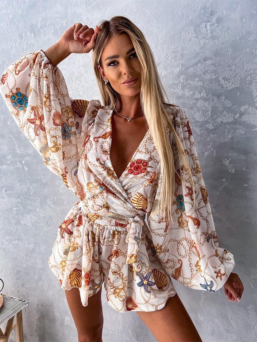 Loose Romper Printed V-Neck Lantern Sleeves Belted Casual Resort Jumpsuit