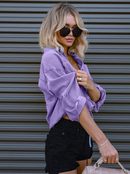 Denim Blouse Drop Shoulder Long Sleeves Buttons Lace Up Tops