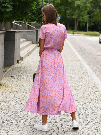 Printed Wrap Dress V-Neck Short Sleeves Belted Casual Summer Midi Dresses