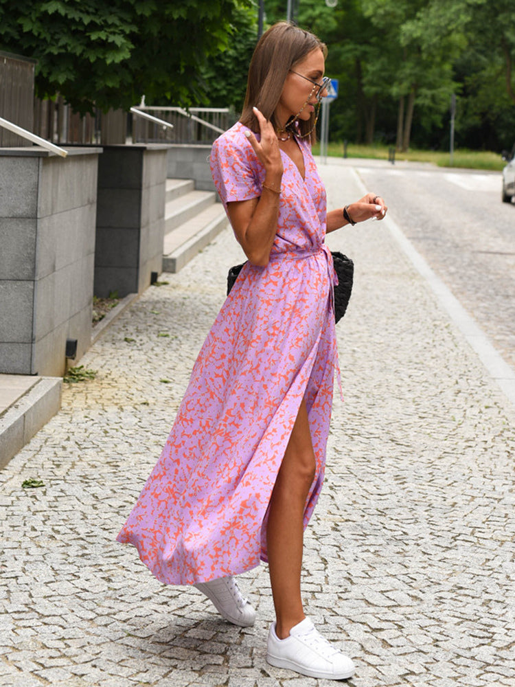 Printed Wrap Dress V-Neck Short Sleeves Belted Casual Summer Midi Dresses