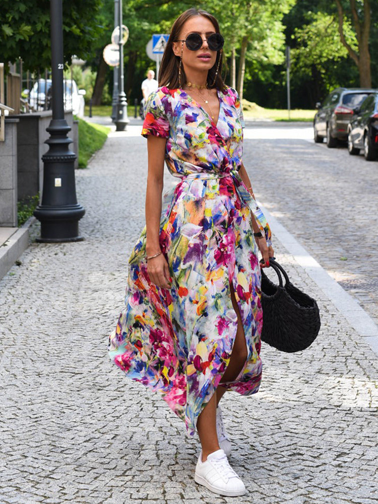 Printed Wrap Dress V-Neck Short Sleeves Belted Casual Summer Midi Dresses