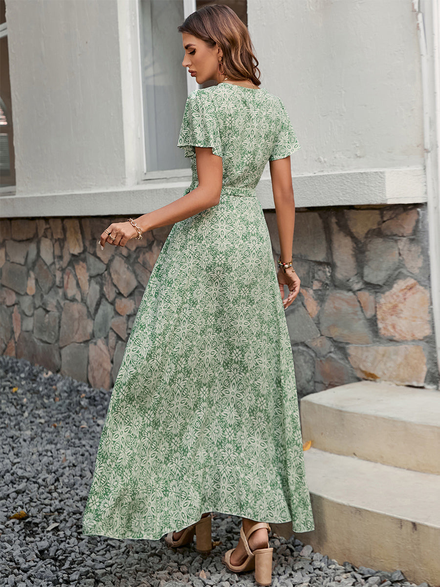 Floral Boho Short Sleeve Wrap Maxi Dress - V Neck Belted High-Low Flowy Sun Dress - Summer Beach Vacation 2026