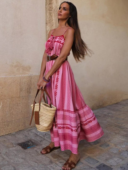 Pink Geometric Print Cami Maxi Dress for Women - Boho Tiered Spaghetti Strap with Tassel - Summer Beach Resort 2026