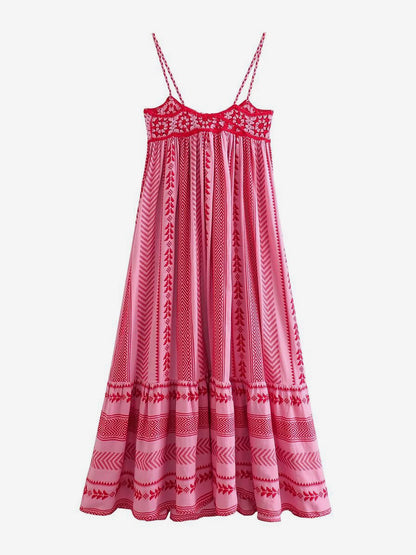 Pink Geometric Print Cami Maxi Dress for Women - Boho Tiered Spaghetti Strap with Tassel - Summer Beach Resort 2026