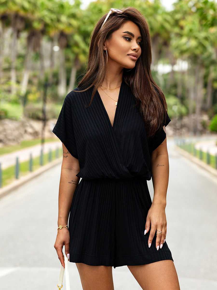 White V-Neck Short Sleeves Pleated Polyester Wide Summer One Piece Outfit