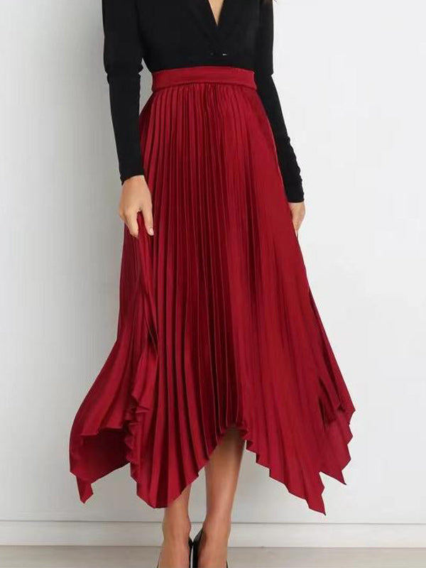 Casual Skirt Vintage Accordion Pleats Handkerchief Long Skirt In Burgundy