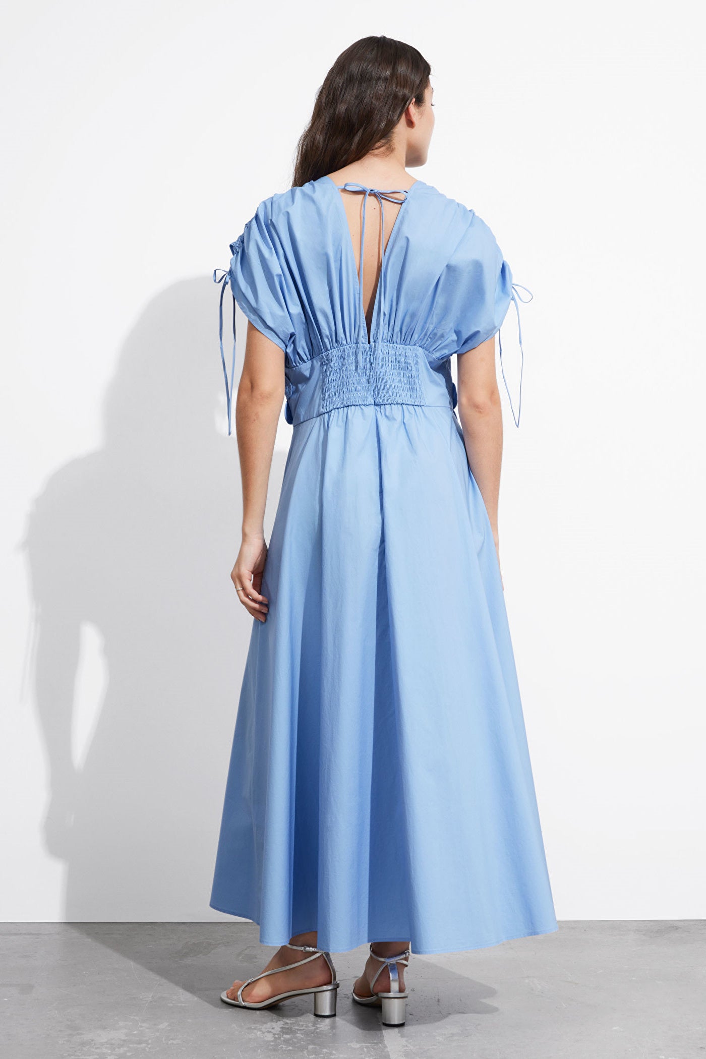 Deep V Neck Puff Sleeve Drawstring Cuff Floral Applique Waist Pleated Maxi Dress