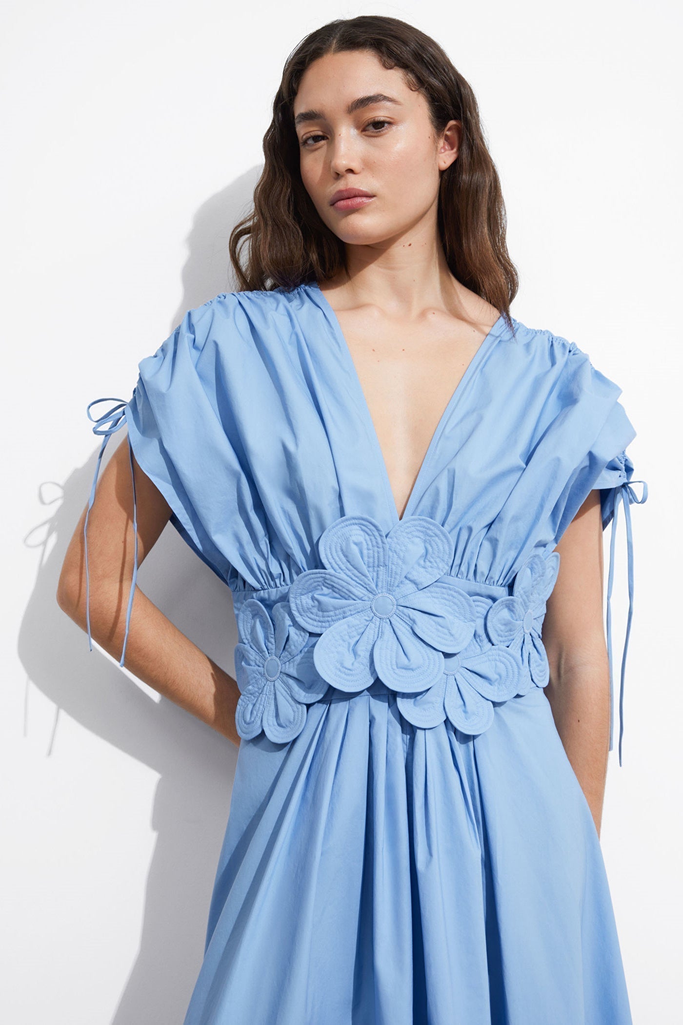 Deep V Neck Puff Sleeve Drawstring Cuff Floral Applique Waist Pleated Maxi Dress