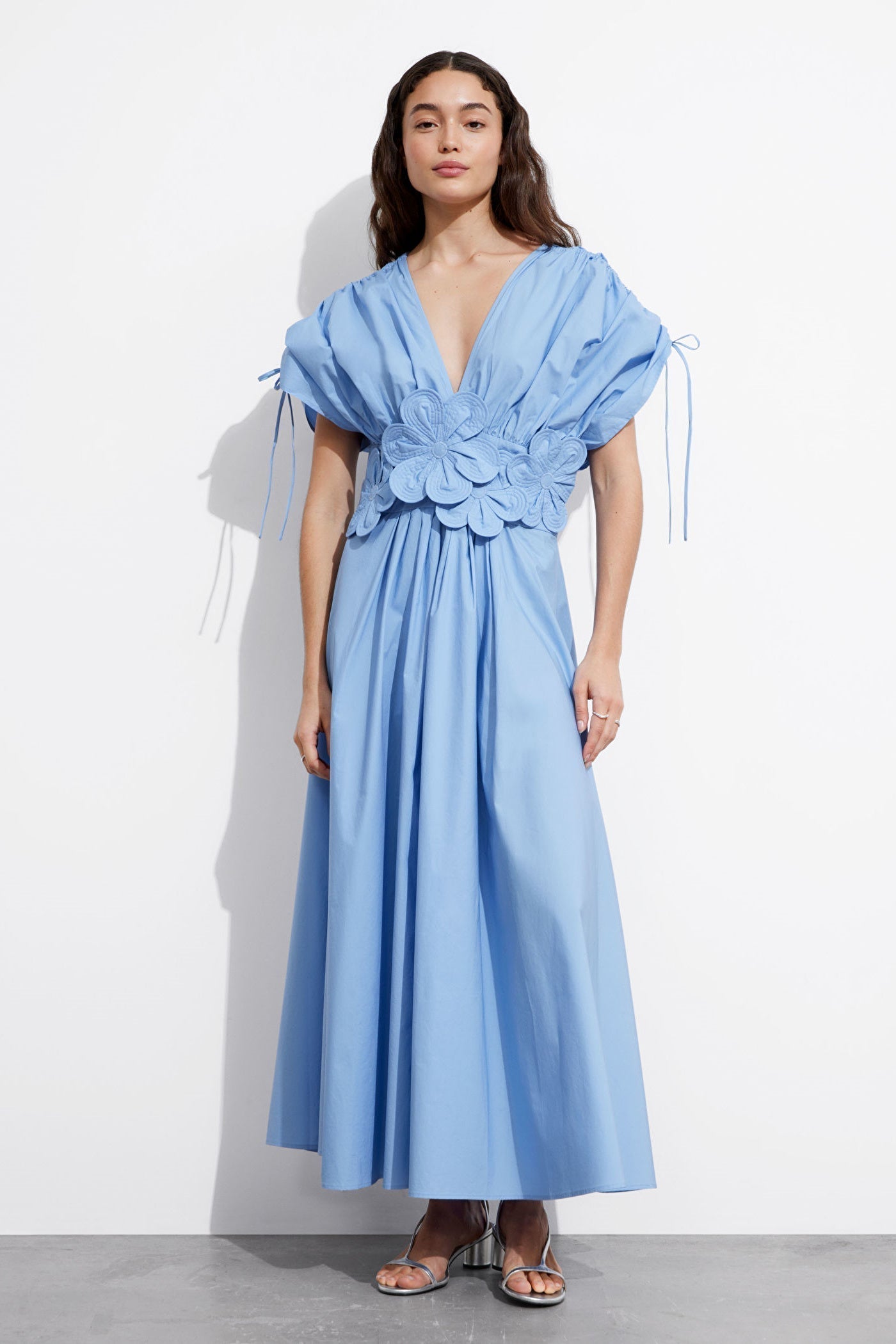 Deep V-Neck Puff Sleeve Tie Cuff 3D Floral Applique Waist Maxi Dress