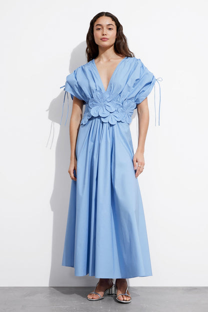 Deep V-Neck Puff Sleeve Tie Cuff 3D Floral Applique Waist Maxi Dress