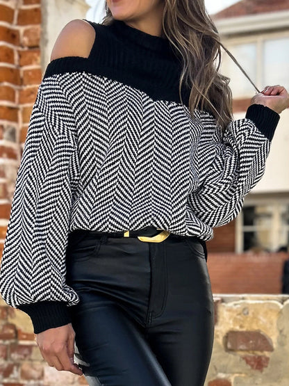 Pullovers For Women Black Color Block Jewel Neck Long Sleeves Open Shoulder Acrylic Sweaters