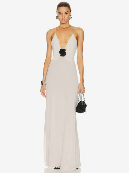 Elegant Deep V-Neck Maxi Gown for Women - Sexy Backless Slim Fit Long Slip Dress with Flower Corsage - Summer Party 2026