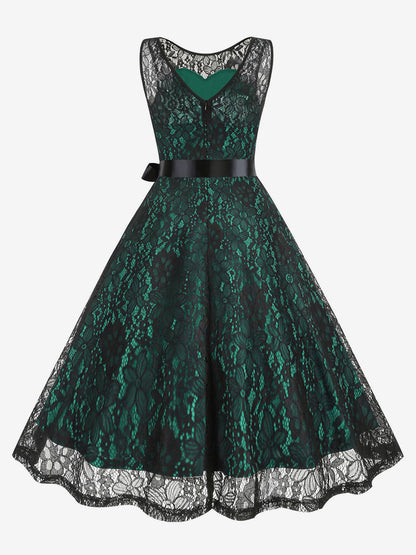 Retro Dress Green 1950s Style Two-Tone Sash Sleeveless V-Neck Medium Rockabilly Dress