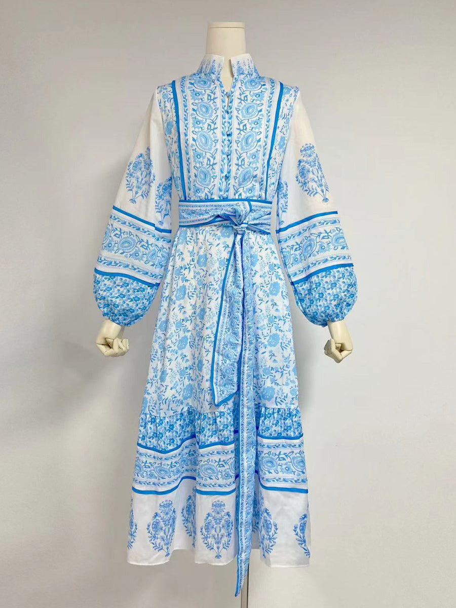 Floral Print Midi Dress for Women - Lantern Sleeve Stand Collar A-Line Belted Folklore Gown - Spring Garden Party 2026