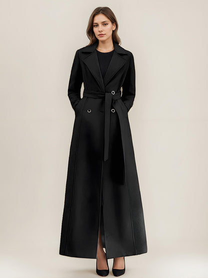 Gray Wool Blend Coat For Woman Lapel Belted Double-breasted Chic Full Length Wrap Outerwear 2026