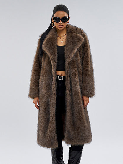 Faux Fur Coats In Deep Brown Notched Lapel Oversized Winter Long Jacket For Women 2026
