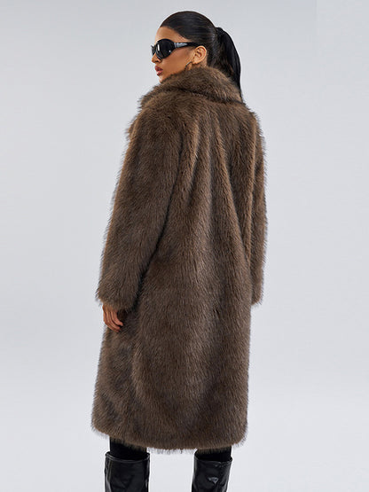 Faux Fur Coats In Deep Brown Notched Lapel Oversized Winter Long Jacket For Women 2026