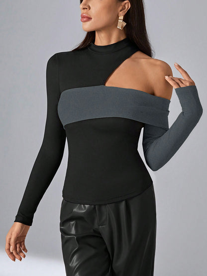 Long Sleeves Tees Black Polyester Color Block Asymmetrical Designed Neckline Women T Shirt