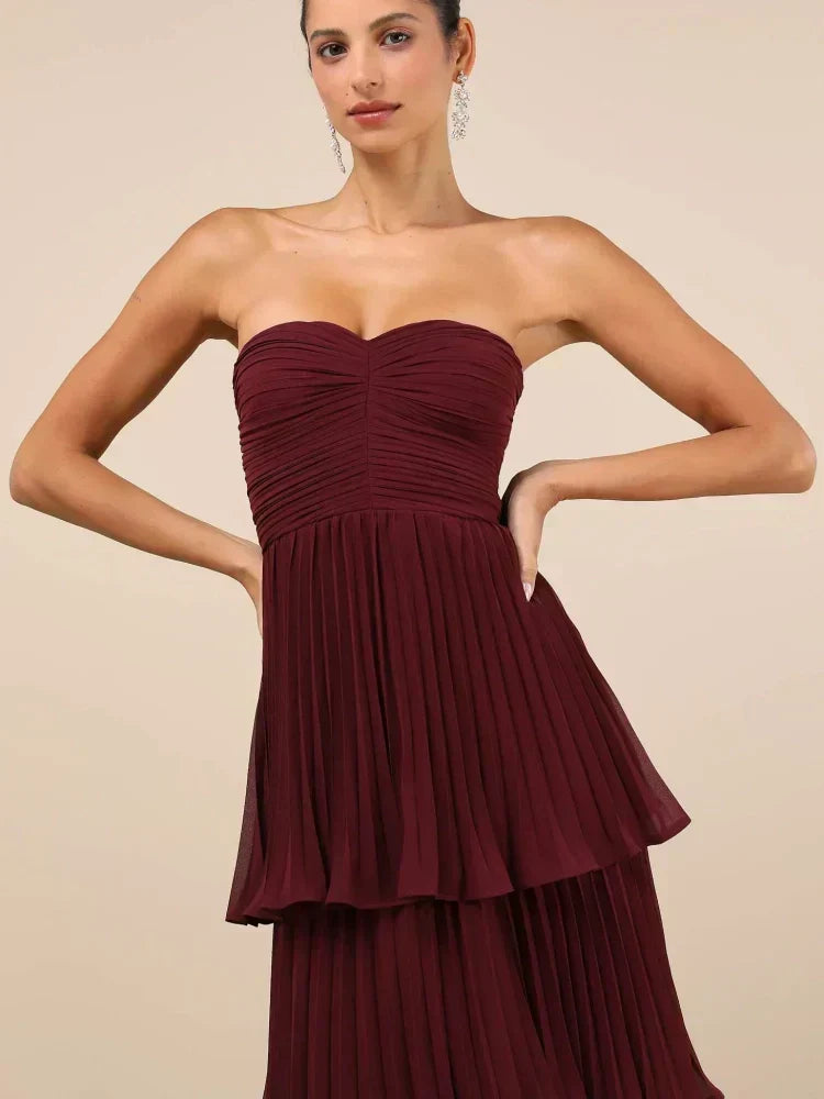 Strapless Sweetheart Ruched Pleated Tiered Maxi Gown
