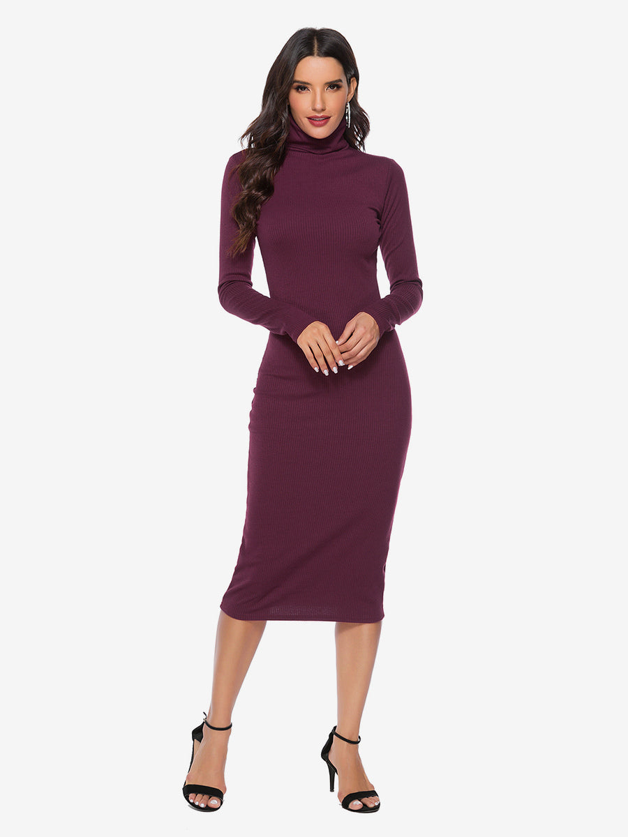 Knitted Dress For Women Comfy Polyester Long Sleeves High Collar