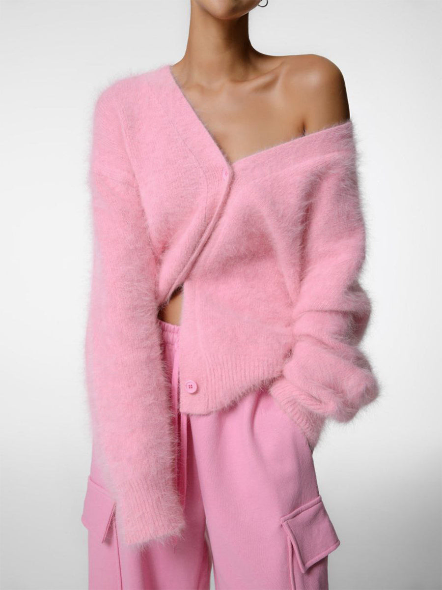 Faux Fur Cardigan khaki Long Sleeves V-Neck Oversized Spring Cozy Outerwear For Women 2026