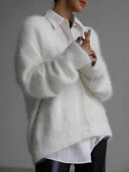 Faux Fur Cardigan khaki Long Sleeves V-Neck Oversized Spring Cozy Outerwear For Women 2026