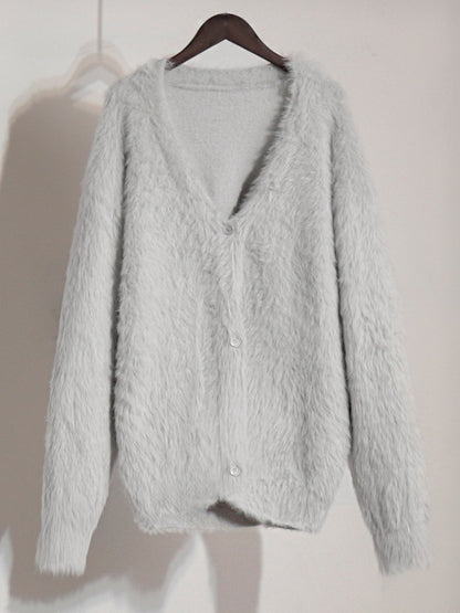 Faux Fur Cardigan khaki Long Sleeves V-Neck Oversized Spring Cozy Outerwear For Women 2026