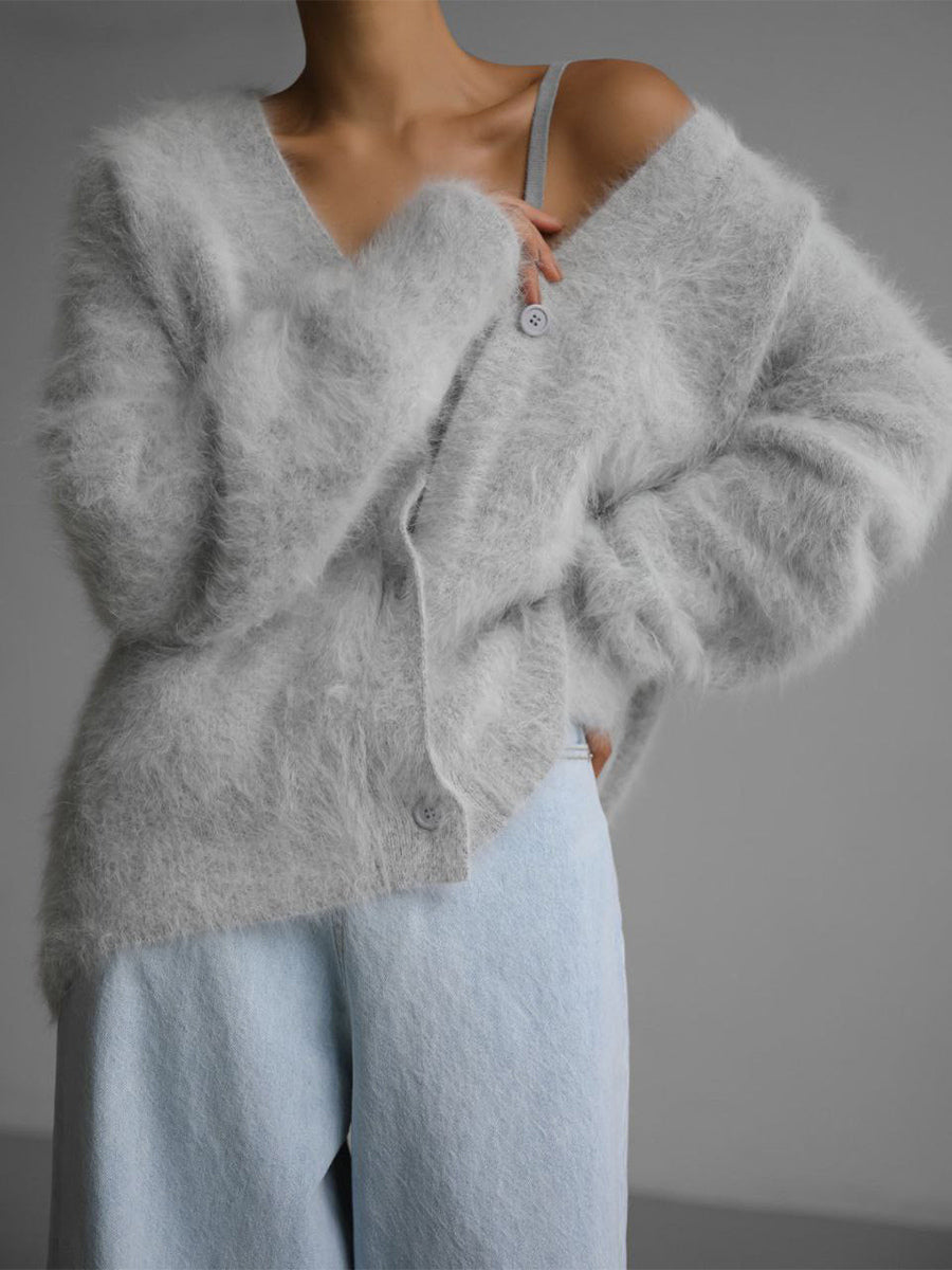 Faux Fur Cardigan khaki Long Sleeves V-Neck Oversized Spring Cozy Outerwear For Women 2026