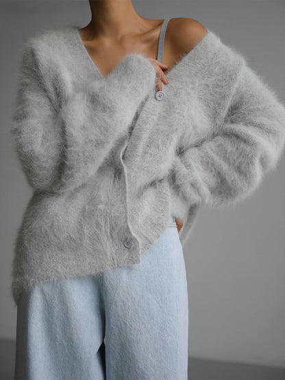 Faux Fur Cardigan khaki Long Sleeves V-Neck Oversized Spring Cozy Outerwear For Women 2026