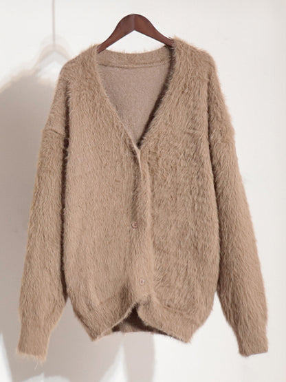 Faux Fur Cardigan khaki Long Sleeves V-Neck Oversized Spring Cozy Outerwear For Women 2026
