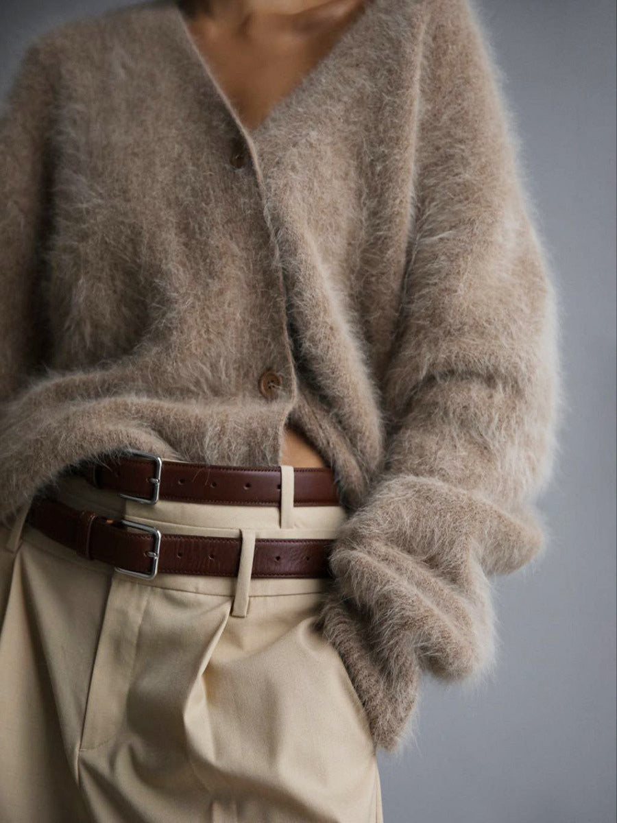 Faux Fur Cardigan khaki Long Sleeves V-Neck Oversized Spring Cozy Outerwear For Women 2026
