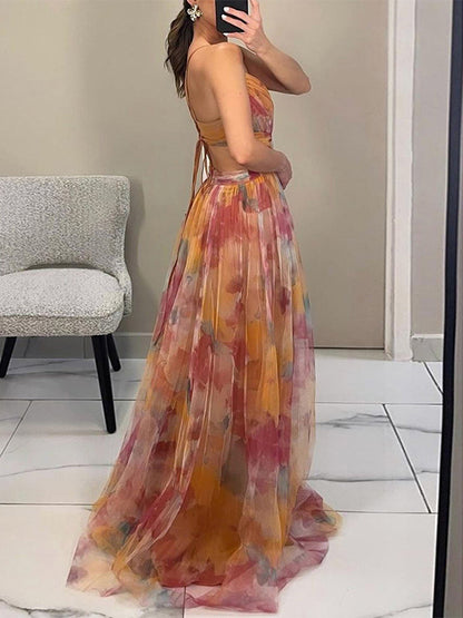 Floral Printed Maxi Strap Dress Cut Out Cross Waist Floor-Length Elegant Long Party Gown For Women 2026