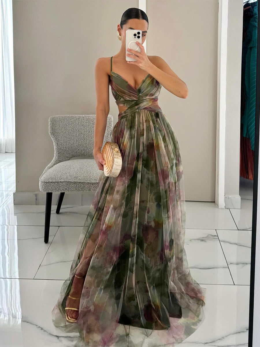 Floral Printed Maxi Strap Dress Cut Out Cross Waist Floor-Length Elegant Long Party Gown For Women 2026