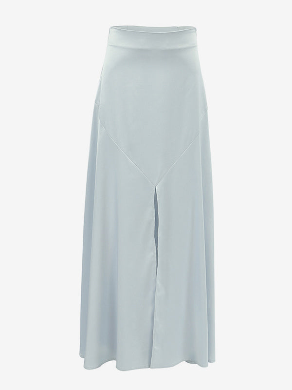 Gray Satin Skirt with Slit High Waisted Solid Color Summer A-line Long Skirt For Women 2026