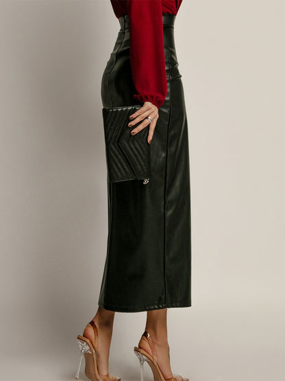 Faux Leather Skirt with Side Slit High-Waisted Solid Color PU Chic Midi Skirt For Women 2026