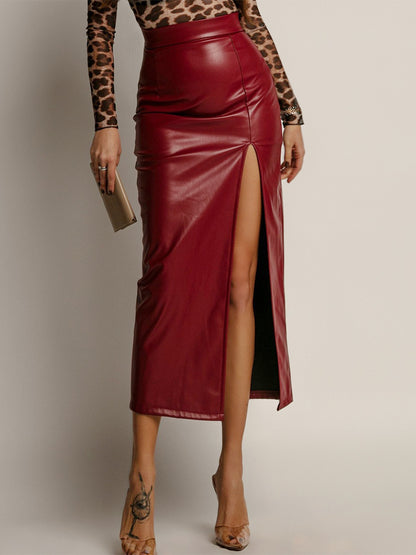 Faux Leather Skirt with Side Slit High-Waisted Solid Color PU Chic Midi Skirt For Women 2026