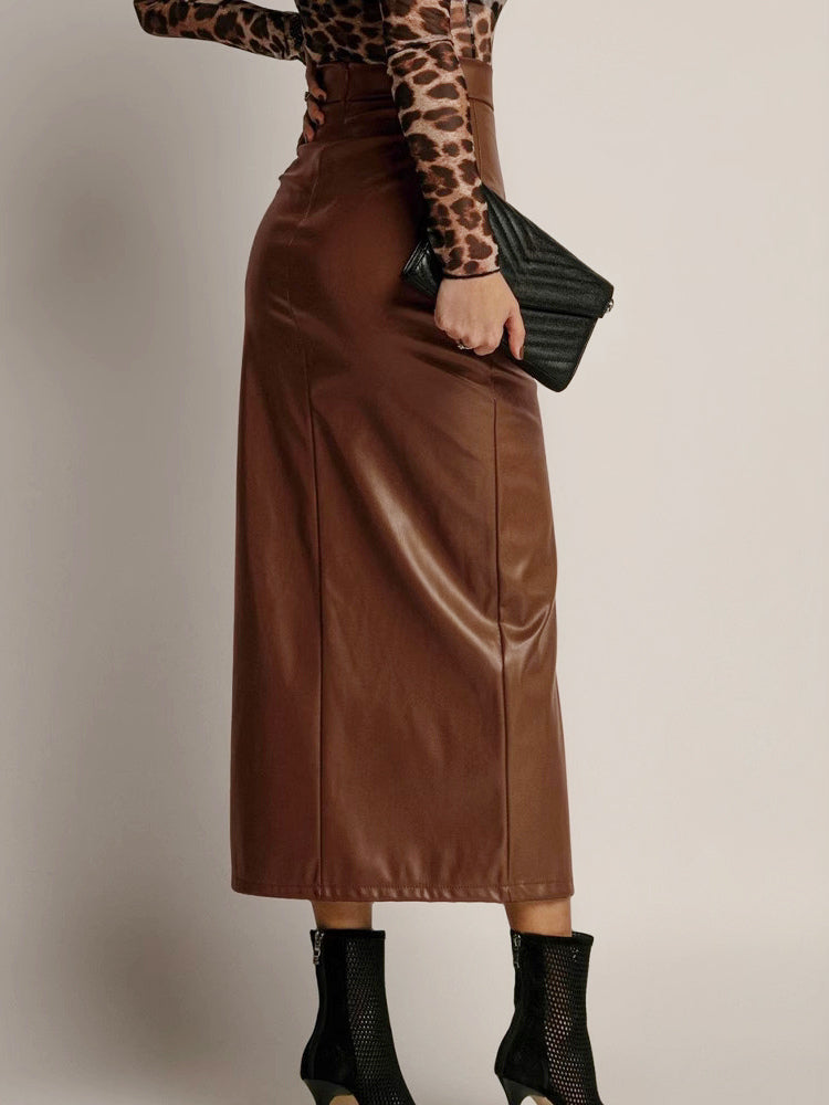 Faux Leather Skirt with Side Slit High-Waisted Solid Color PU Chic Midi Skirt For Women 2026