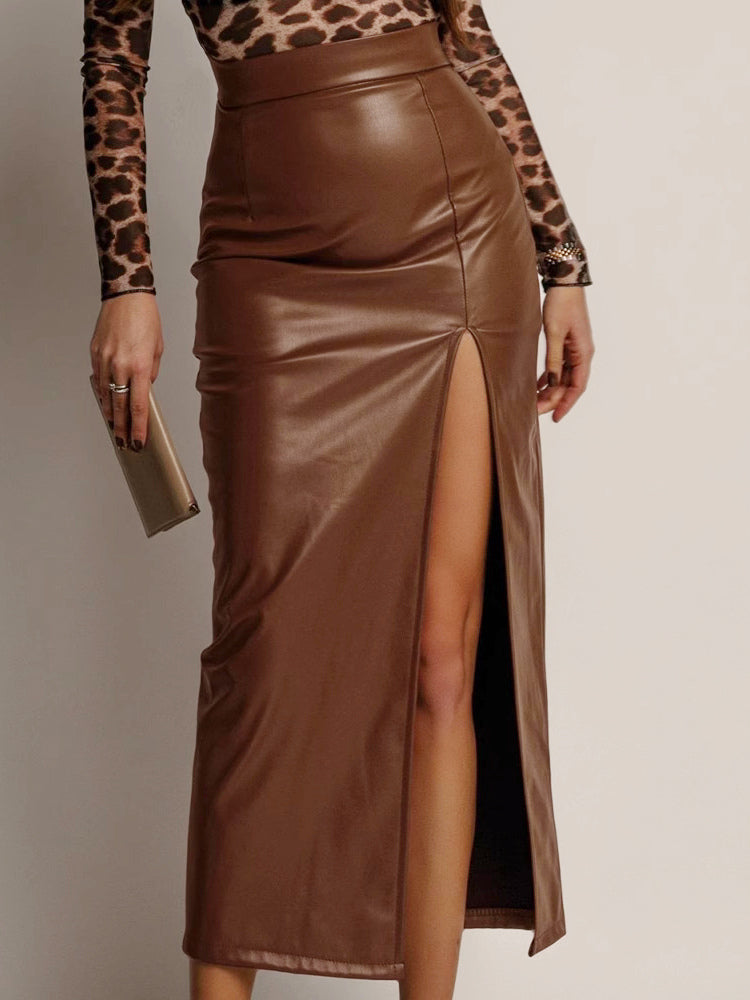 Faux Leather Skirt with Side Slit High-Waisted Solid Color PU Chic Midi Skirt For Women 2026