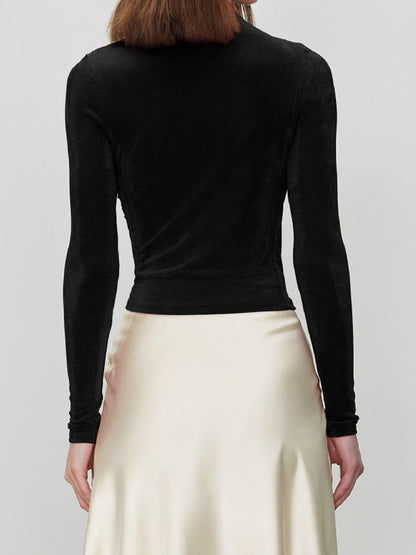 Basic T-Shirt For Women Long Sleeves Pleated Half Turtleneck Slim Fit Spring Tops 2026