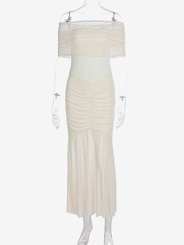 Pleated Maxi Dresses Off-Shoulder Sheer Semi-formal Party Long Dress For Women 2026