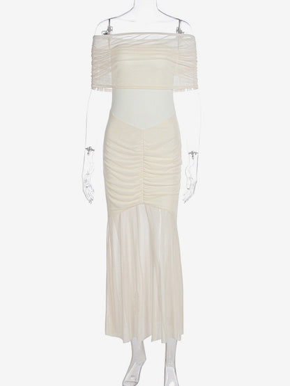 Pleated Maxi Dresses Off-Shoulder Sheer Semi-formal Party Long Dress For Women 2026