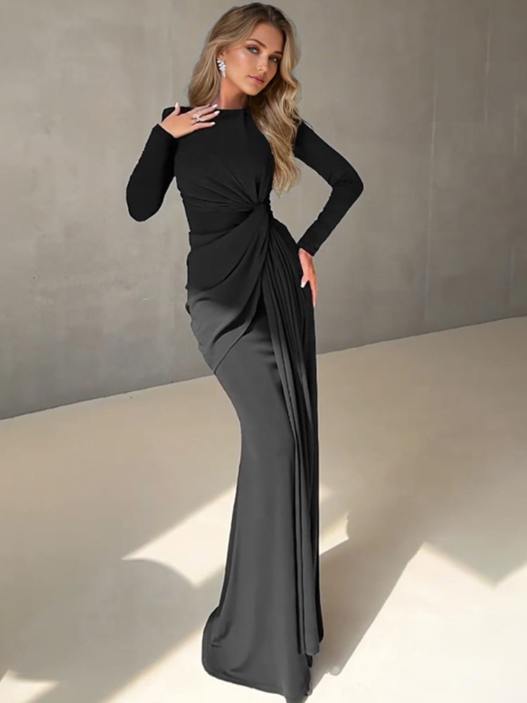 Maxi Dress With Knotted Waist Long Sleeve Pleated Semi-Formal Party Long Dress For Women 2026