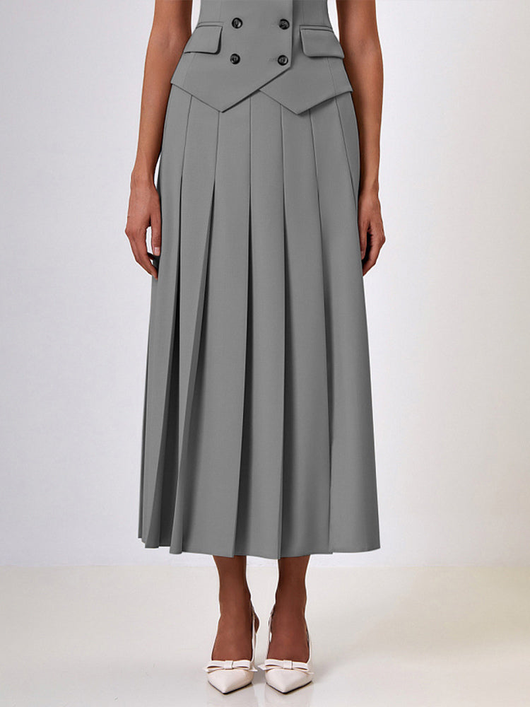 Office Two Piece Co-ord Set For Women Double-breasted Lapel Vest And Pleated Long Skirt Summer Outfit 2026