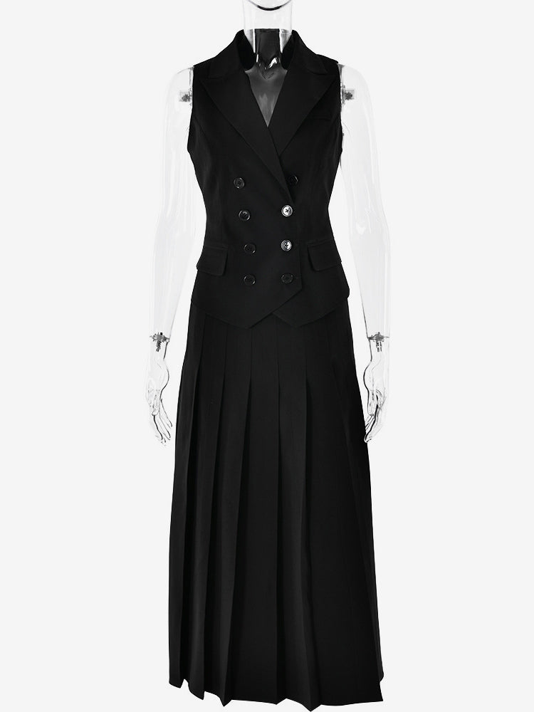 Office Two Piece Co-ord Set For Women Double-breasted Lapel Vest And Pleated Long Skirt Summer Outfit 2026