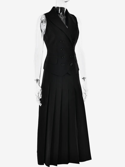 Office Two Piece Co-ord Set For Women Double-breasted Lapel Vest And Pleated Long Skirt Summer Outfit 2026