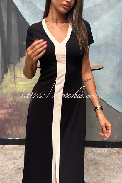 Fashionable V-neck Slim Fit Waist Knitted Midi Dress