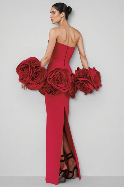 Huxen Red Backless Plunge 3D Floral Maxi Dress