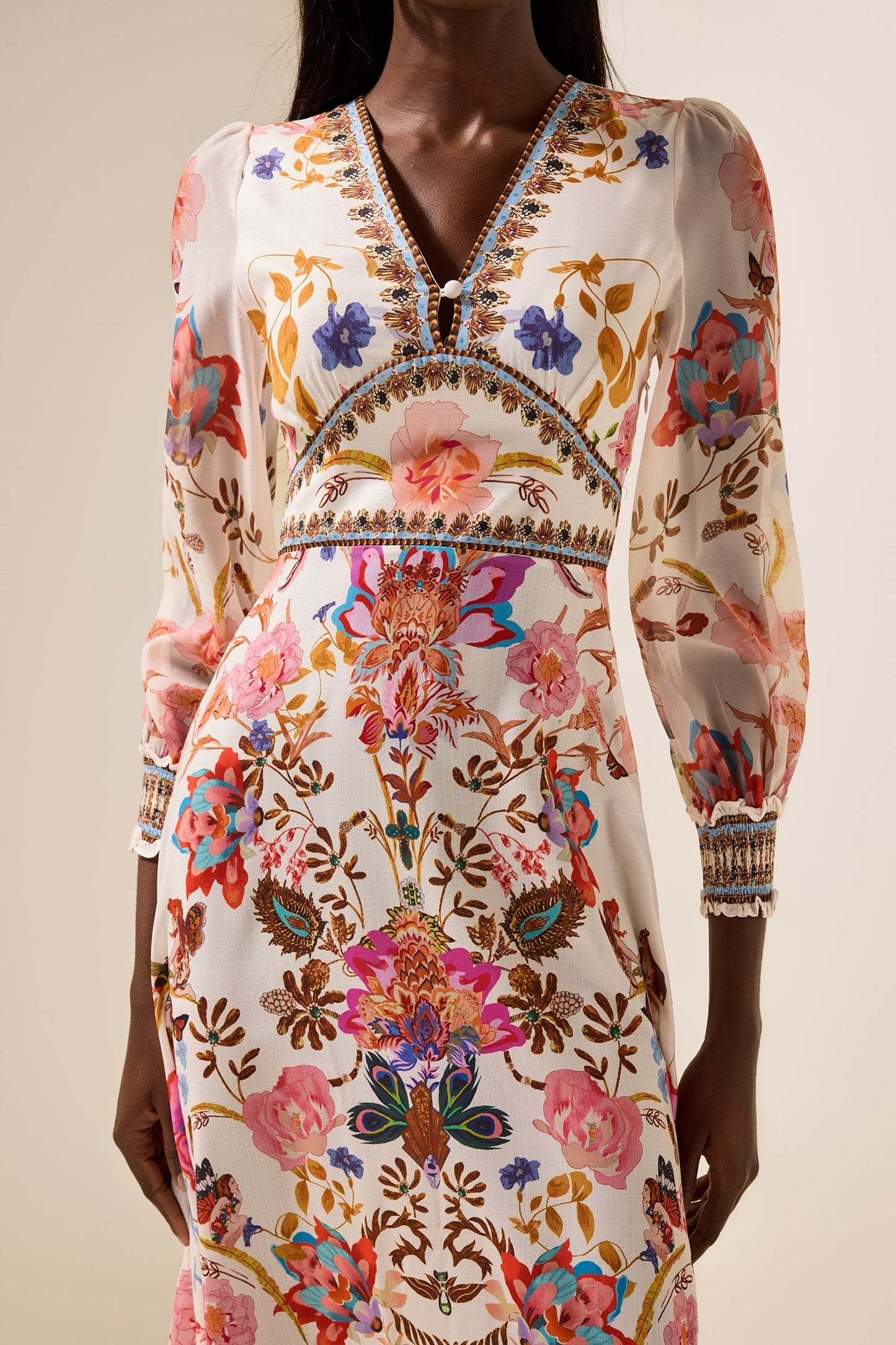 Floral Lantern Sleeve V-Neck Midi Dress