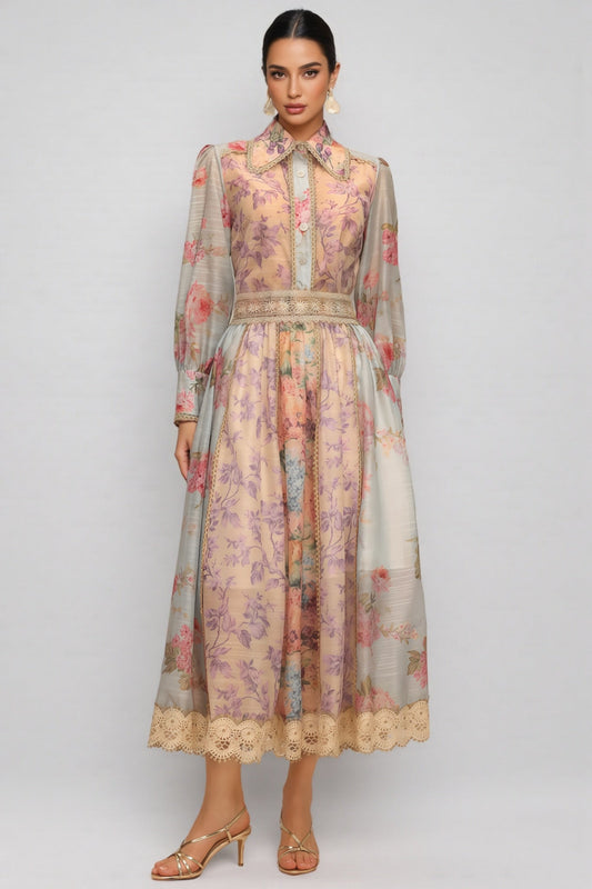Judy Long Sleeve Floral Printed Lace Two-Piece Set