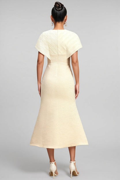 Talisd V-Neck Flower Folds Fishtail Midi Dress